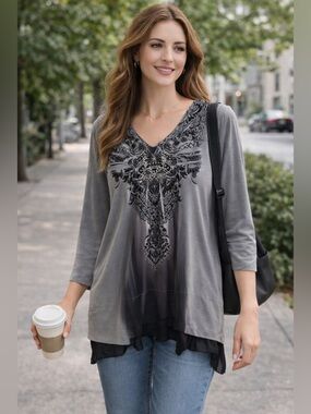 🖤 Unity World Wear Gray Tunic Top Black Embellished Boho Chic XL